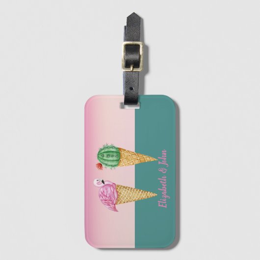 カラフルなアイスクリームコーン カクタス ピンクのフラミンゴ ラゲッジタグ (正面縦)