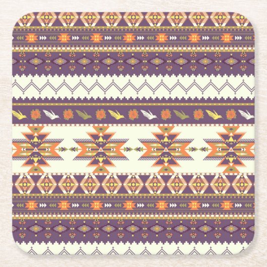 カラフルなアズテック派のパターン スクエアペーパーコースター (正面)