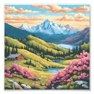 カラフルなアニメの山の風景のキャビンアート フォトプリント           