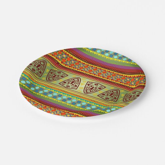 カラフルなアフリカのマスクのストライプなKenteパターン ペーパープレート (アングル)