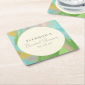 カラフルなアブストラクト ウォーターカラー ブライダル シャワー カスタム スクエアペーパーコースター (アングル)