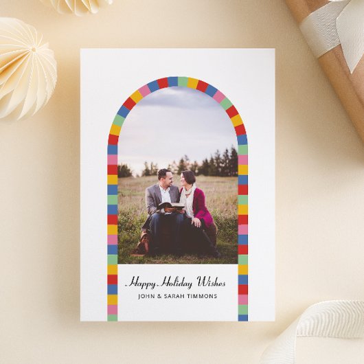 カラフルなアーチ型フレームの写真クリスマスカード 招待状