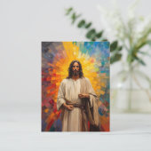 カラフルなイエス・キリストの肖像 絵画 モザイク アート ポストカード (スタンド正面)