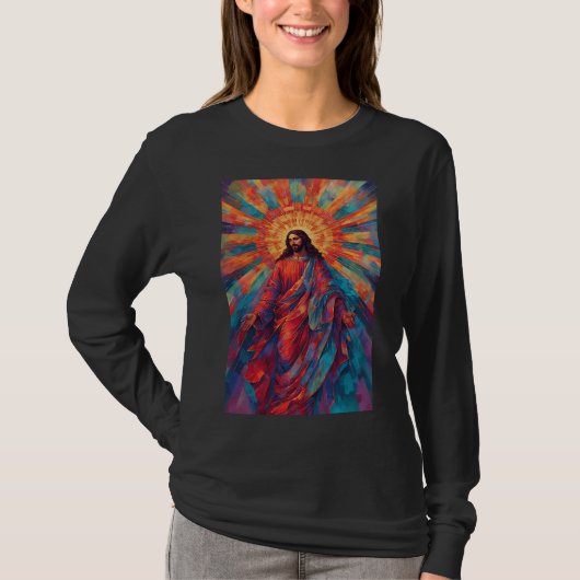 カラフルなイエス キリスト教女性用長袖Tシャツ Tシャツ (正面)