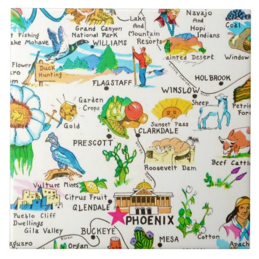 カラフルなイラストのアリゾナ地図  タイル (正面)