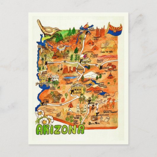 カラフルなイラストのアリゾナ州地図ポストカード ポストカード (正面)