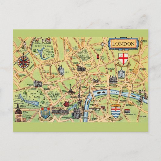 カラフルなイラストのロンドン地図 イギリス ポストカード (正面)
