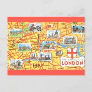 カラフルなイラストのロンドン地図（イギリス） ポストカード