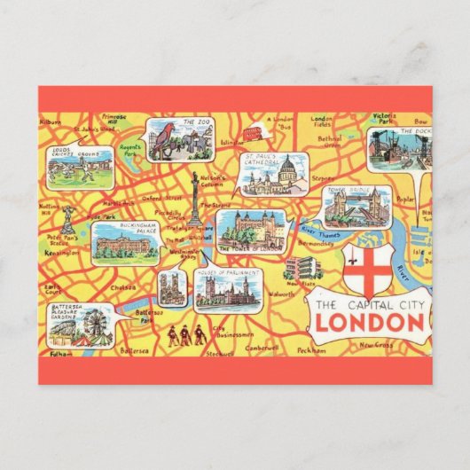 カラフルなイラストのロンドン地図（イギリス） ポストカード (正面)
