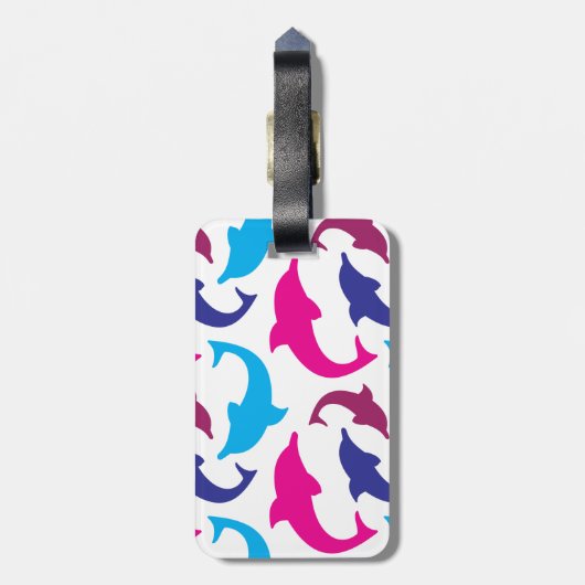 カラフルなイルカパターンショッキングピンクのティール(緑がかった色)の青 ラゲッジタグ (裏面縦)