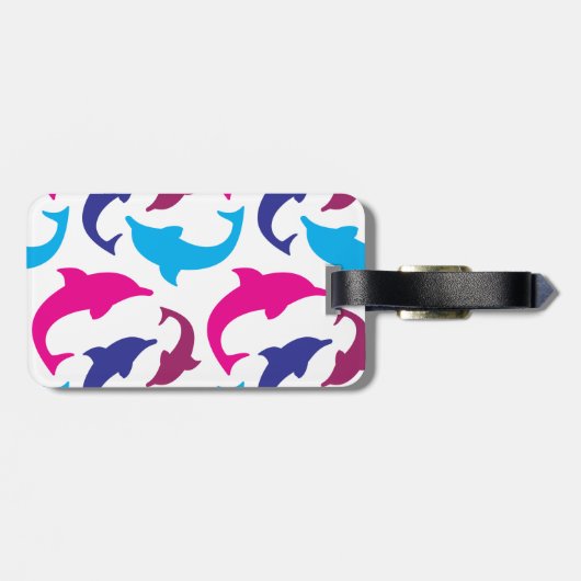 カラフルなイルカパターンショッキングピンクのティール(緑がかった色)の青 ラゲッジタグ (裏面横)