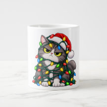 カラフルなイルミネーションに包まれたおこったクリスマス猫