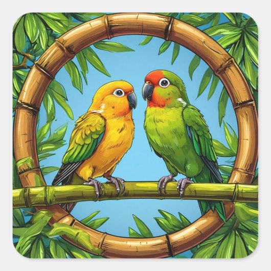 🦜 カラフルなインコ 竹のトロピカルアート 🦜 スクエアシール (正面)