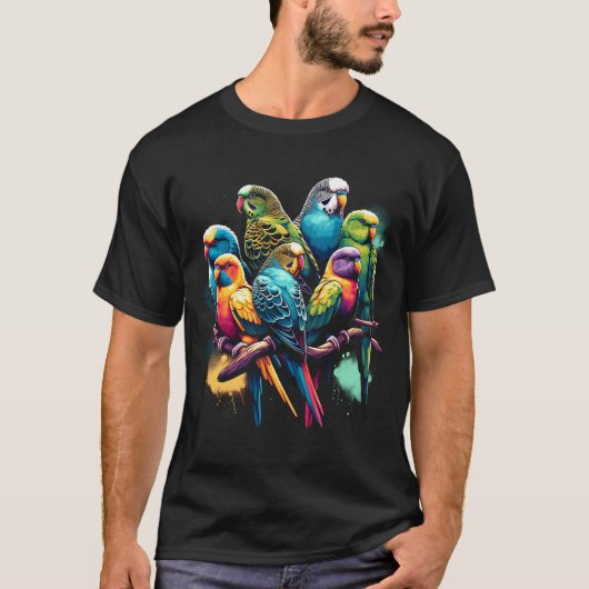 カラフルなインコ 鳥好き 鳥鑑賞 Tシャツ (正面)