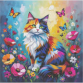 カラフルなインパストの猫、花と蝶々 シール (正面)