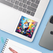 カラフルなインパストの猫、花と蝶々 シール (ノートパソコンとiPhone)