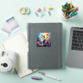 カラフルなインパストの猫、花と蝶々 シール (iPadカバー)