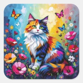 カラフルなインパストの猫、花と蝶々 スクエアシール