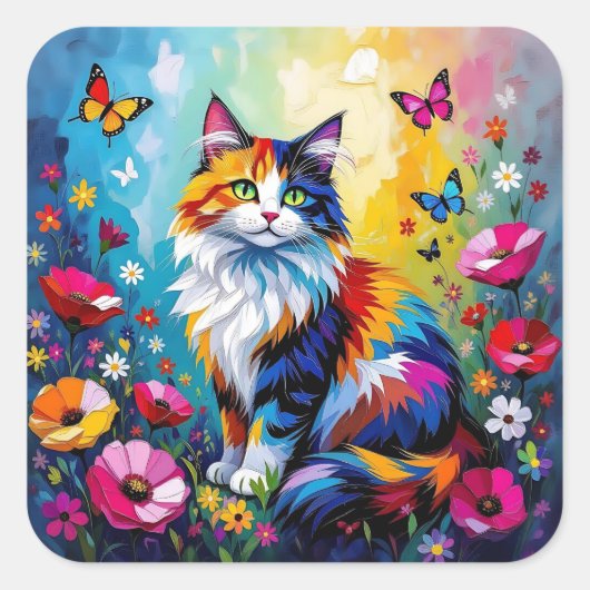 カラフルなインパストの猫、花と蝶々 スクエアシール (正面)