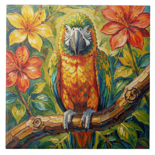 カラフルなインパスト絵画のワシントガンとトロピカルフラワー タイル