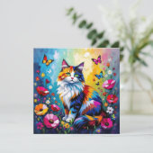 カラフルなインパスト 猫、花と蝶々 カード (スタンド正面)