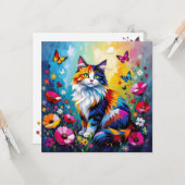 カラフルなインパスト 猫、花と蝶々 カード (正面/裏面インサイチュ)