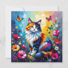 カラフルなインパスト 猫、花と蝶々 カード