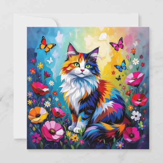 カラフルなインパスト 猫、花と蝶々 カード (正面)