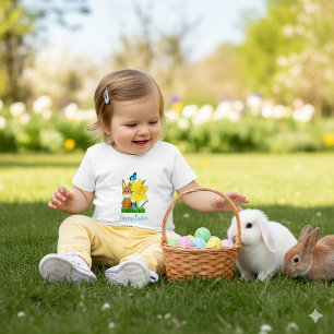 カラフルなイースターの水仙とウサギの赤ちゃんTシャツ ベビーTシャツ