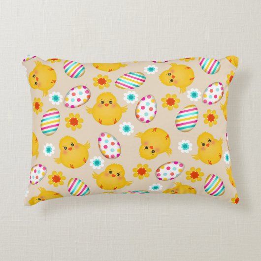 カラフルなイースターエッグおよびひよこパターン アクセントクッション (正面)
