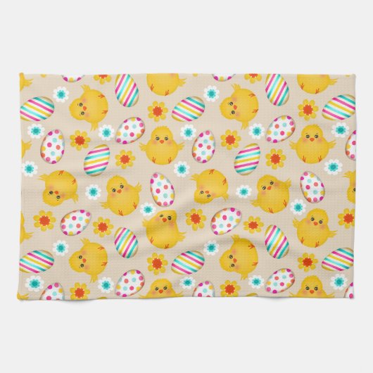 カラフルなイースターエッグおよびひよこパターン キッチンタオル (横)
