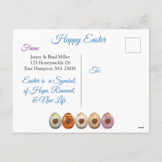 カラフルなイースターエッグの木のパーソナライズな郵便はがき シーズンポストカード (裏面)