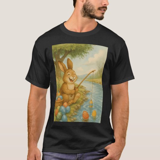 カラフルなイースターエッグを釣る笑顔のイースターバニー Tシャツ (正面)