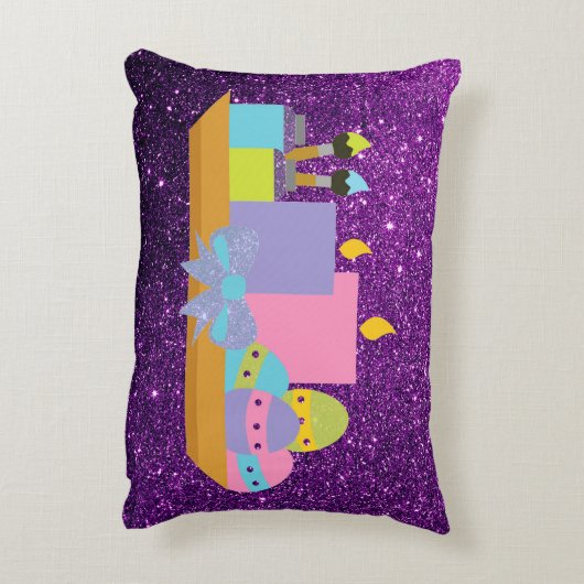 カラフルなイースターエッグ及び紫色のフェイクなグリッター蝋燭の アクセントクッション (裏面(縦))