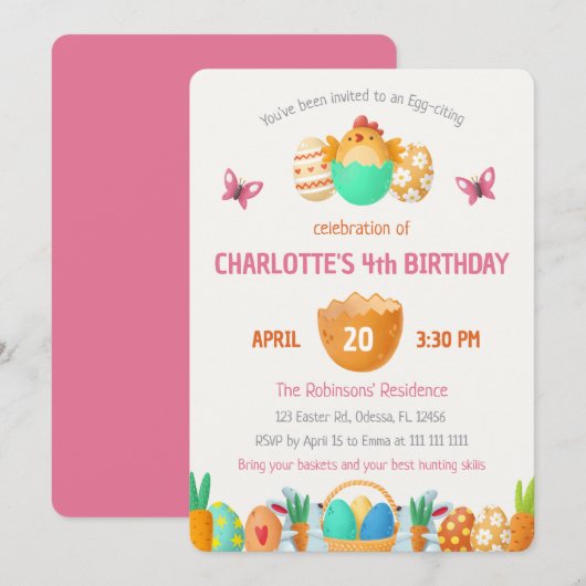 カラフルなイースターガールの誕生日招待状 招待状 (正面/裏面)