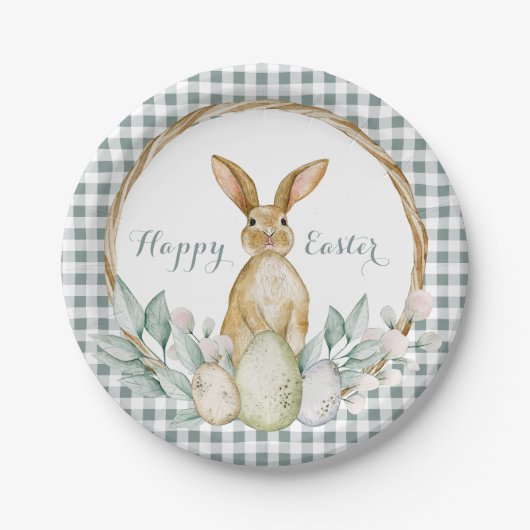 カラフルなイースターリース 水彩画の花のリース ハッピーイースター ペーパープレート (正面)