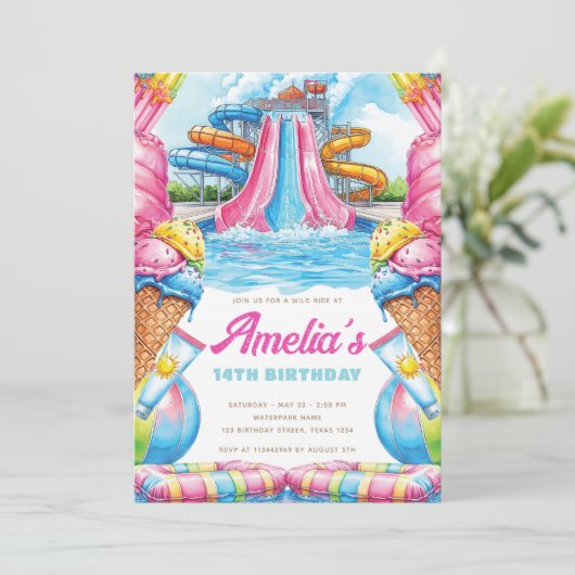 カラフルなウォーターパークの誕生日 招待状 (スタンド正面)