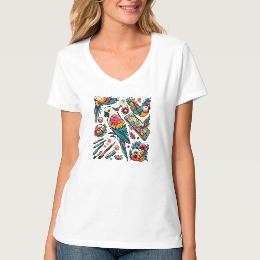 カラフルなオウムのトロピカルアート Tシャツ (正面)