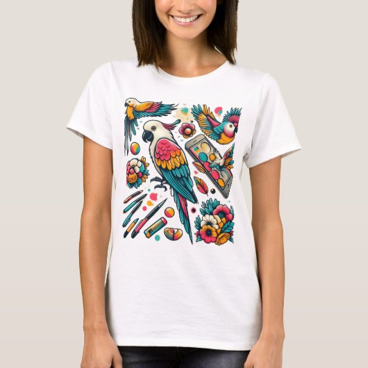 カラフルなオウムのトロピカルアート Tシャツ (正面)