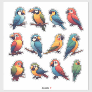 カラフルなオウムステッカーセット – かわいい熱帯の鳥 シール