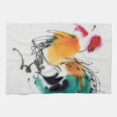 カラフルなオンドリ。 書道および水彩画 キッチンタオル (横)