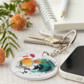 カラフルなオンドリ。 書道および水彩画 キーホルダー (正面右)