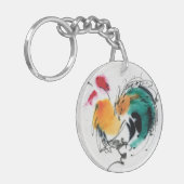 カラフルなオンドリ。 書道および水彩画 キーホルダー (正面左)