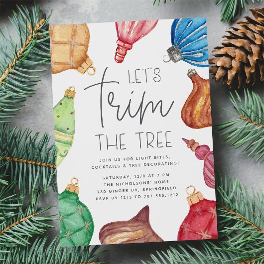 カラフルなオーナメントのクリスマスツリー飾り付けパーティー 招待状