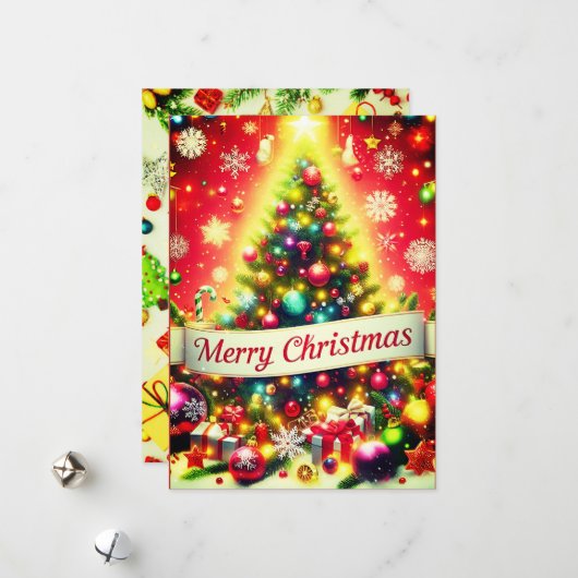 "カラフルなオーナメントの付いた楽しいクリスマスツリー" シーズンカード (正面/裏面インサイチュ)