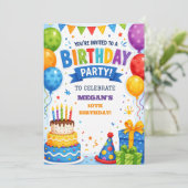 カラフルなカスタムケーキと風船の誕生日招待状 シーズンカード (スタンド正面)