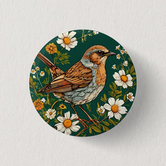 カラフルなカタツムリ鳥と咲き誇る花々 缶バッジ (正面)