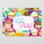 カラフルなカップケーキ「パーティしよう！」 招待状 (正面/裏面)