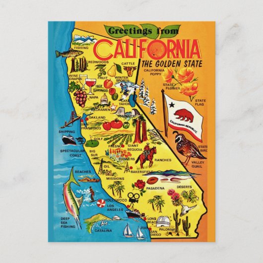 カラフルなカリフォルニア地図ポストカード ポストカード (正面)