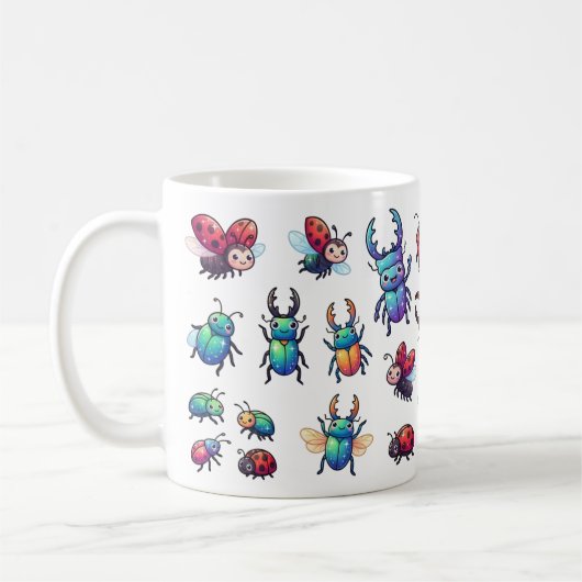 カラフルなカートゥーンの甲虫とてんとう虫 コーヒーマグカップ (左)